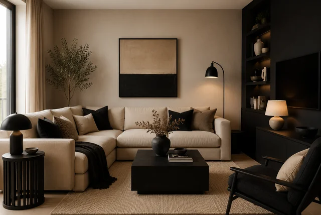 Modern black and beige living room ideas with a beige sofa and black accent decor