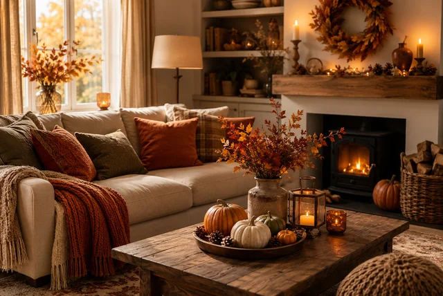 Autumn living room decor ideas featuring cosy fall colours, pumpkins, layered throws, and warm ambient lighting.