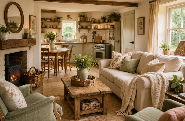 Small cottage interior ideas featuring a cozy living room with natural wood furniture and warm cottage decor