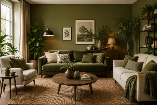 Modern olive green living room ideas with stylish decor and cosy furniture