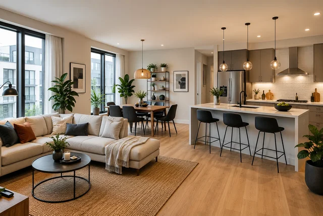 Modern open plan apartment ideas with stylish living room, kitchen, and dining area