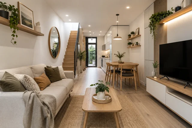 Modern narrow house interior ideas with space-saving furniture and bright open layout