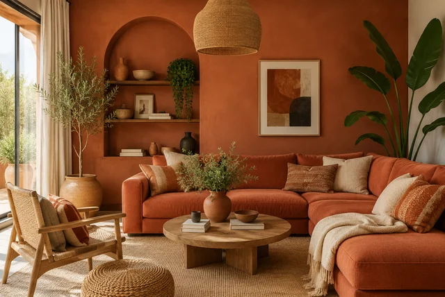 Stylish terracotta living room ideas with warm earthy decor and natural wood furniture