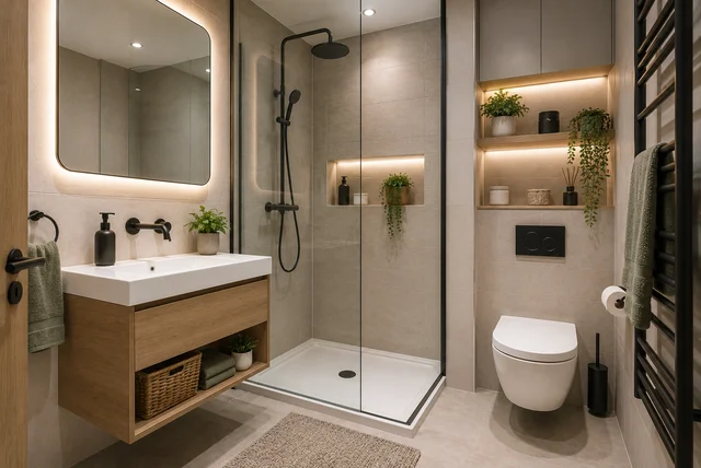 Tiny ensuite ideas with a modern wall-mounted vanity and walk-in shower in a compact bathroom.