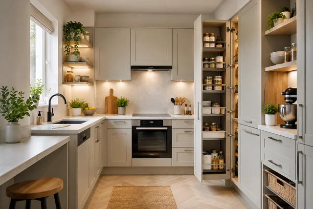 Compact kitchen ideas UK featuring smart storage solutions in a modern small kitchen