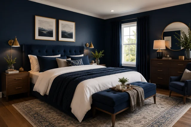 Modern navy blue bedroom ideas with stylish decor and cozy lighting