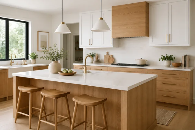 Modern white and wood kitchen ideas featuring white oak cabinets and white quartz countertops