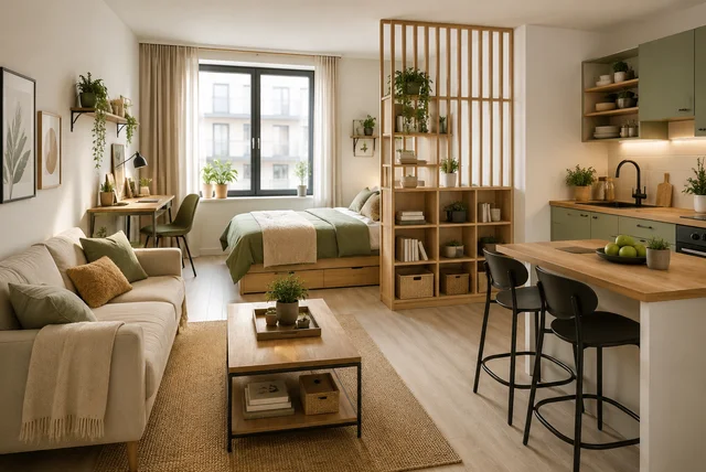 Studio flat decor ideas featuring a modern small apartment with space-saving furniture and smart storage