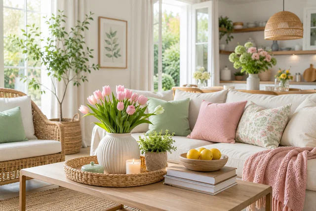 Spring home decor ideas featuring a bright living room with pastel decor, fresh flowers, and natural light