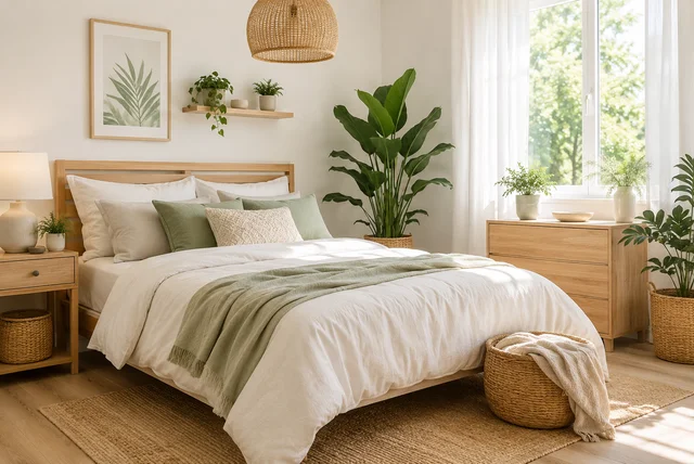 Modern bedroom showcasing summer bedroom decor ideas with light bedding, natural textures, and indoor plants.