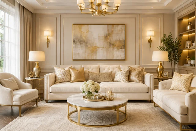 Cream and gold living room ideas featuring a modern cream sofa with elegant gold accents