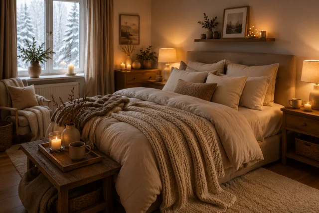 Cosy winter bedroom ideas with layered bedding, warm lighting, and soft textures