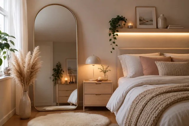 Bedroom mirror ideas aesthetic with a stylish full-length mirror