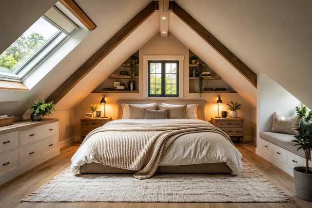 Modern attic room bedroom ideas with a cozy design, skylight, and smart storage.