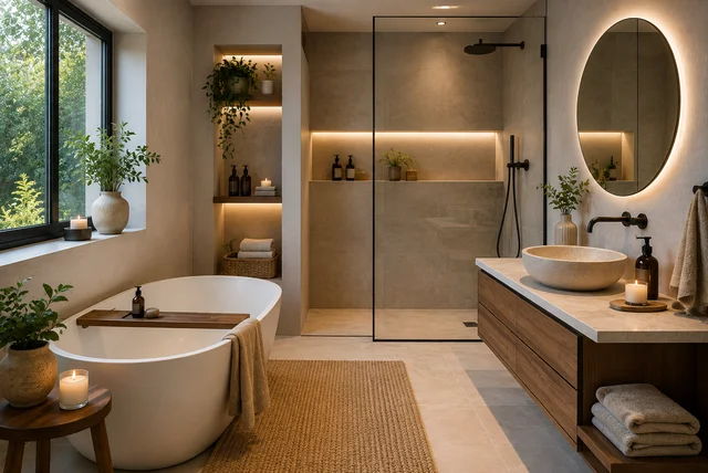Spa bathroom ideas home with natural colours, plants, warm lighting, and modern decor
