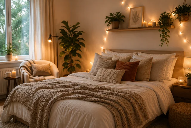 Cosy room ideas aesthetic with warm lighting, layered bedding, and cozy bedroom decor