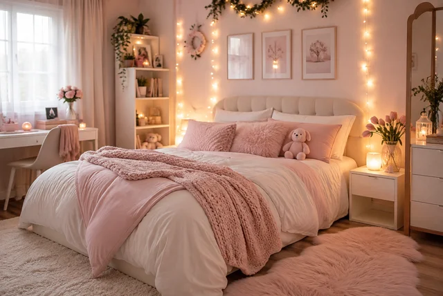 Soft girl bedroom ideas featuring pastel decor, fairy lights, and cozy aesthetic styling