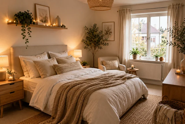 Modern aesthetic bedroom ideas UK featuring cosy neutral décor and stylish furniture