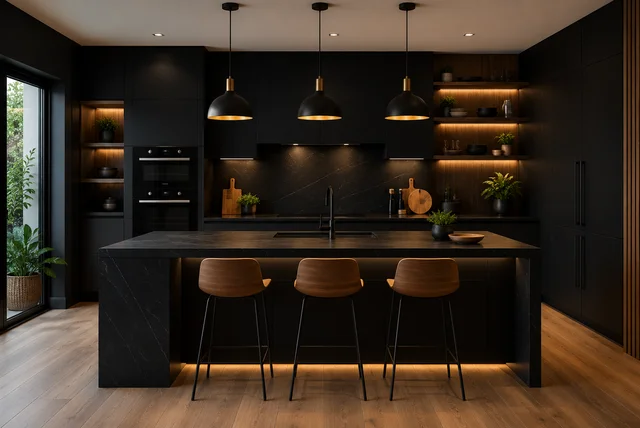 Black kitchen ideas modern with matte black cabinets, wood accents, and a stylish kitchen island