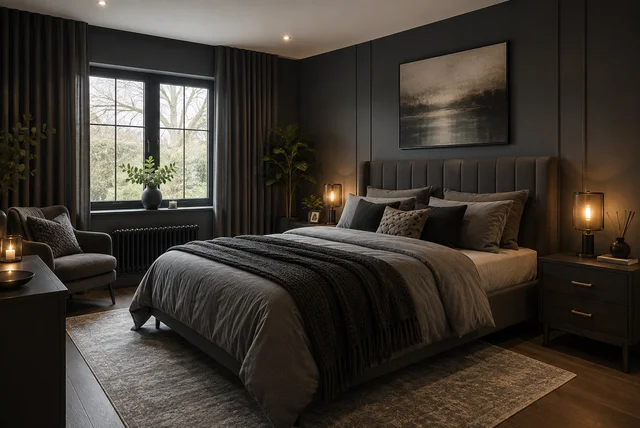 Dark grey bedroom ideas with modern furniture, cosy lighting, and charcoal décor