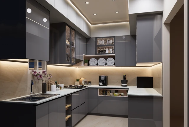 Graphite kitchen ideas UK with deep grey units and under-cabinet lighting