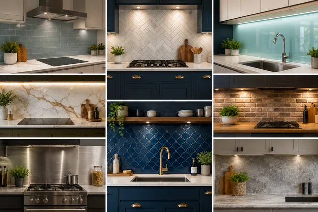 Kitchen splashback ideas UK featuring modern glass, metro tile and quartz splashback designs in a contemporary British kitchen.