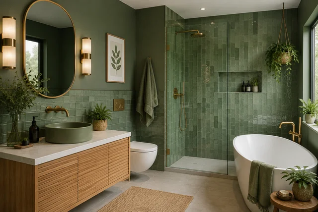 Green bathroom ideas with sage green tiles, white fixtures and natural wood