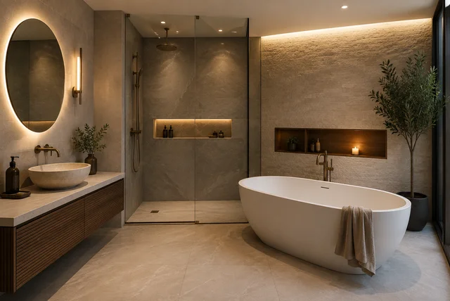 Luxury bathroom ideas UK with freestanding bath and walk-in shower