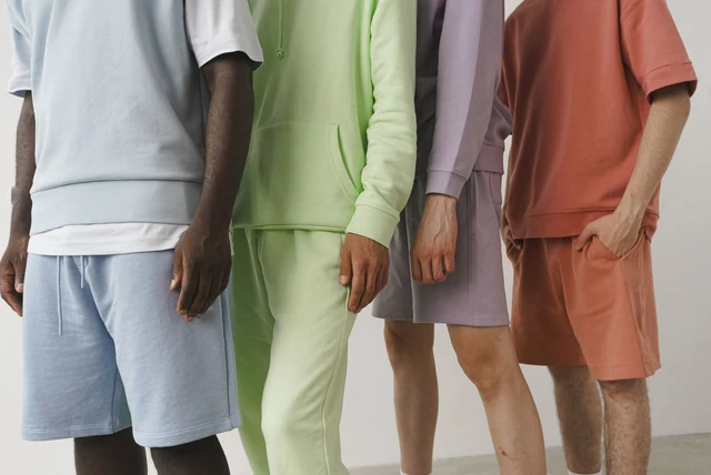 Mens colour combinations clothes shown on four men in coordinated outfits