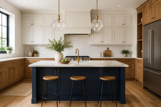 Two tone kitchen ideas featuring modern white and wood kitchen cabinets with a contrasting navy kitchen island.