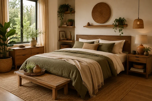 Earthy bedroom decor ideas featuring natural wood furniture, linen bedding, indoor plants, and warm neutral colours