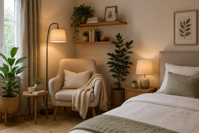 Modern bedroom corner decor ideas featuring a cozy reading chair, indoor plant, floor lamp, and floating shelves