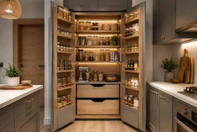 Pantry cabinet ideas kitchen with modern tall pantry storage and organised shelves
