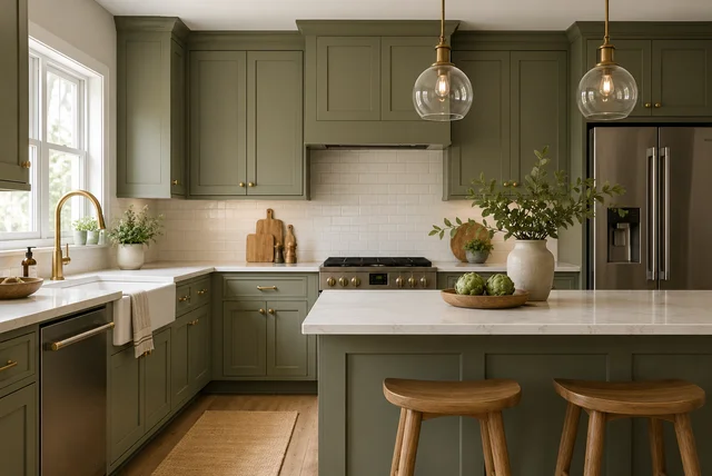 Beautiful sage green kitchen ideas with shaker cabinets, brass hardware, and natural wood accents