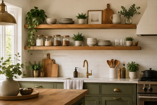 Modern open shelving kitchen ideas with floating wooden shelves and stylish kitchen decor
