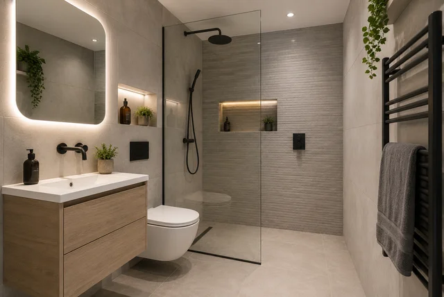 Wet room ideas small bathroom with glass shower screen and modern fixtures