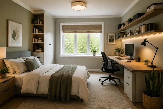 Modern spare bedroom office ideas with a stylish home office guest room design.