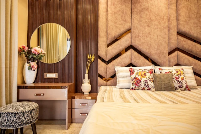 Feature wall ideas bedroom with a wooden panelled wall behind the bed