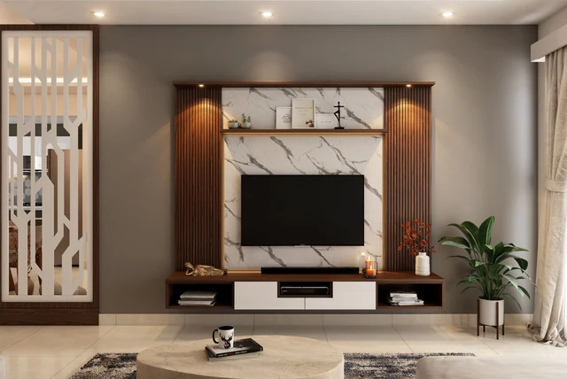 Media wall ideas UK with a built-in TV, shelving and lighting